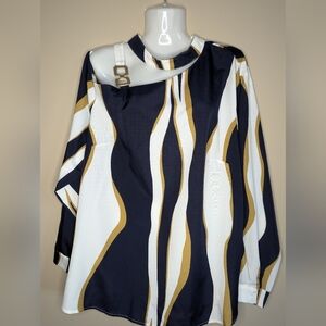 Shein Curve Cold Shoulder Gold Accent Long Sleeve Blouse